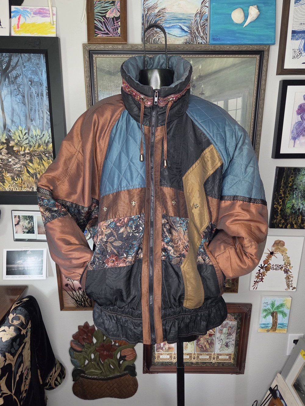 Vintage 90s Quilted Artsy Jewel Tone Patchwork Funky Puffer Jacket Size Medium